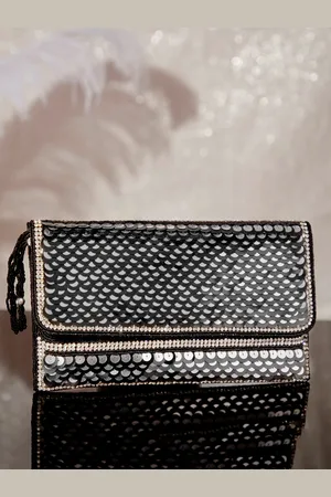 Rubans Silver-Toned & Black Embellished Purse Clutch