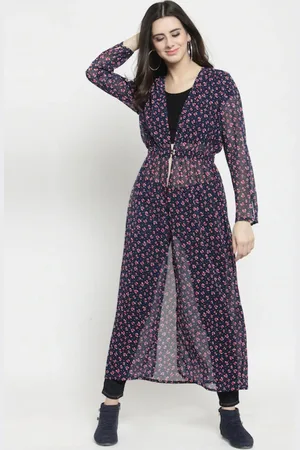 Sera Women Navy Blue & Pink Printed Longline Tie-Up Shrug