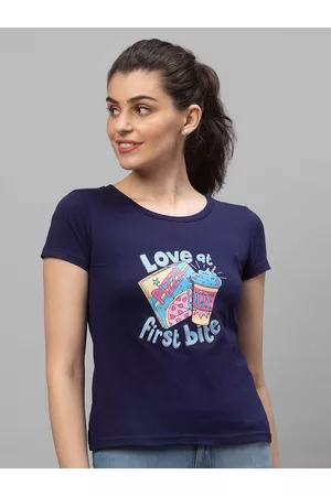 Globus Women Navy Blue Printed Cotton T-shirt