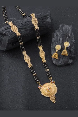 Brandsoon Gold-Plated Black Beaded Mangalsutra WIth Earrings