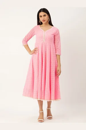 SWAGG INDIA Pink & White Chikankari Georgette Ethnic A-Line Midi Dress