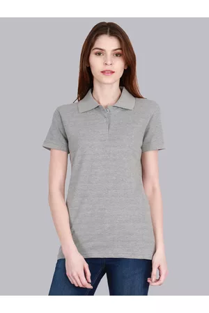 Fleximaa Women Grey Melange Polo Collar T-shirt