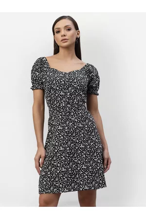 Aayu Women Black Floral Crepe A-Line Dress