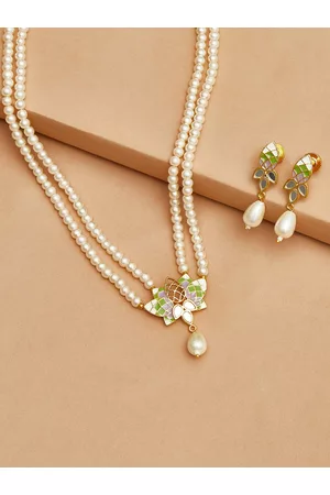 Voylla Woman Gold-Plated & Green Pearl Necklace Pendant and Earrings