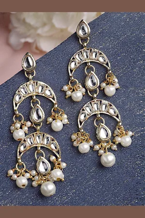 karatcart Gold-Plated & White Kundan Studded Drop Earrings
