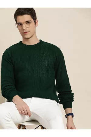 Invictus Men Green Self-Design Acrylic Cable Knit Pullover
