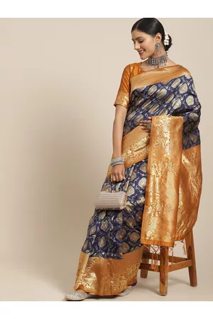 Kalini Navy Blue & Tan Ethnic Motifs Zari Silk Blend Paithani Saree