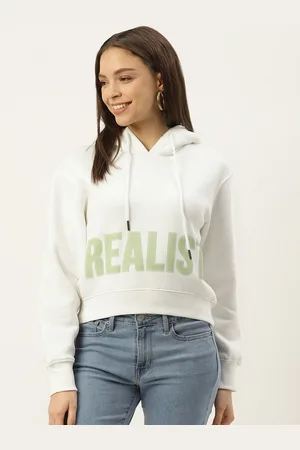 MADAME Women White & Green Printed Hooded Sweatshirt