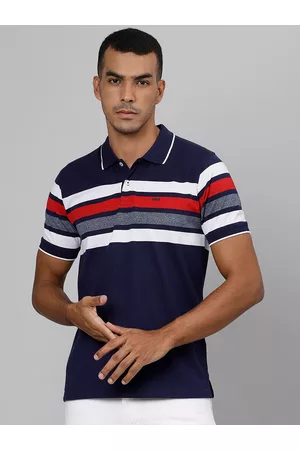 Richlook Men Navy Blue & Red Striped Polo Collar Slim Fit T-shirt