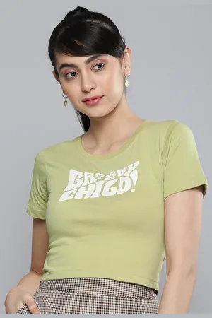 HERE&NOW Women Olive Green & White Typography Printed Pure Cotton T-shirt