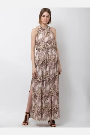 DODO & MOA Women Off White & Brown Halter Neck Maxi Dress