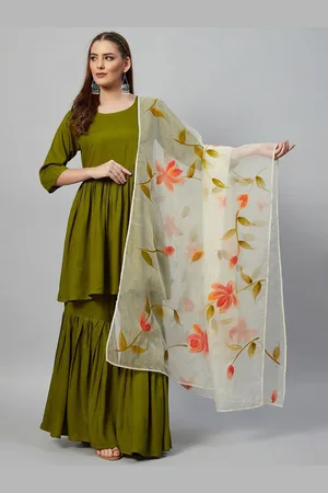 InWeave White & Orange Floral Printed Organza Dupatta