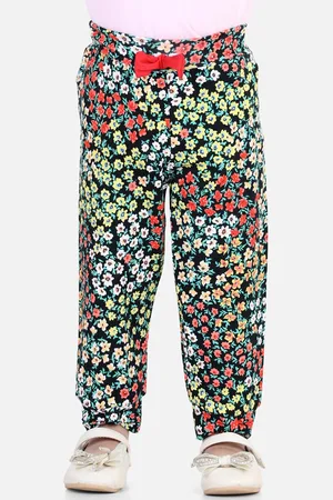 BownBee Girls Black & Red Floral Printed Cotton Joggers