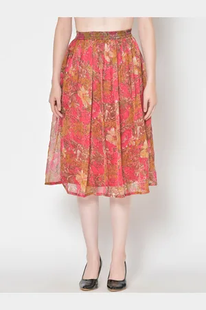 Cation Women Tan Brown & Pink Printed Flared Midi Skirt