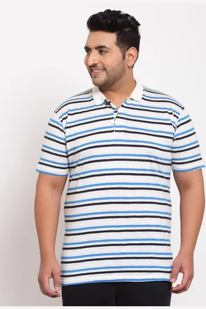 Pluss Men Plus Size White & Blue Striped Polo Collar Pure Cotton T-shirt
