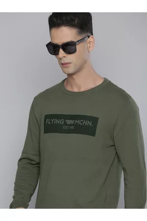 Flying Machine Men Olive Green Brand Logo Printed Pure Cotton Pullover