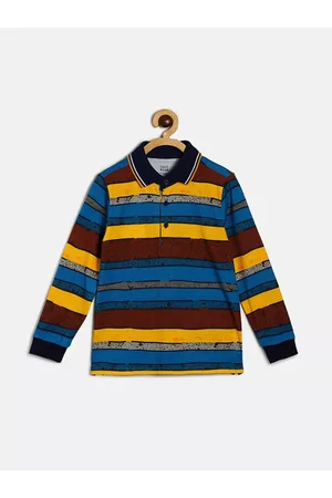 MINI KLUB Boys Blue & Maroon Striped Polo Collar Organic Cotton T-shirt