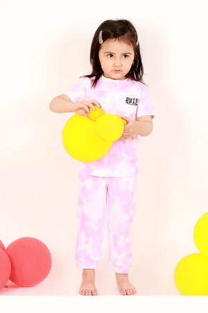 The Mom Store Girls White & Pink Dyed Pure Cotton T-shirt with Pyjamas