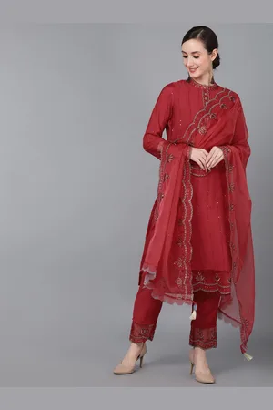 Ahika Women Red Embroidered Sequinned Poly Silk Kurta With Trousers & Dupatta