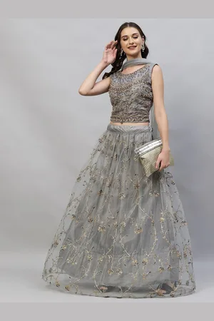 RedRound Grey & Gold-Toned Embroidered Semi-Stitched Lehenga & Unstitched Blouse With Dupatta