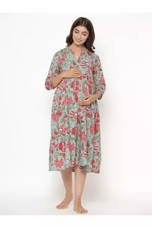 CRAFIQA Women Turquoise Blue Floral Printed Maternity & Nursing Cotton A-Line Midi Dress