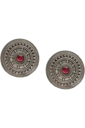Shivansh Women Silver-Plated Brown Oxidised Circular Studs Earrings