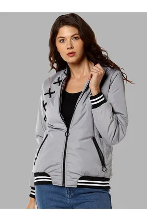Campus Women Grey Black Striped Windcheater Outdoor Bomber Jacket