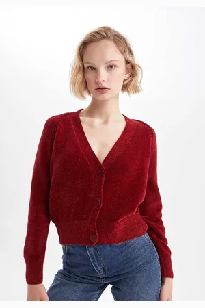 DeFacto Women Maroon Solid Crop Cardigan
