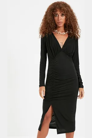 Trendyol Women Black Solid V-Neck Bodycon Dress