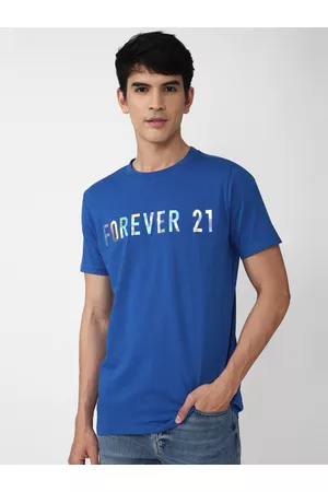 Forever 21 Men Blue Typography Printed Cotton T-shirt