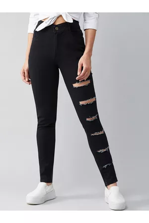 Miss Chase Women Black Slim Fit High-Rise Mildly Distressed Jeans