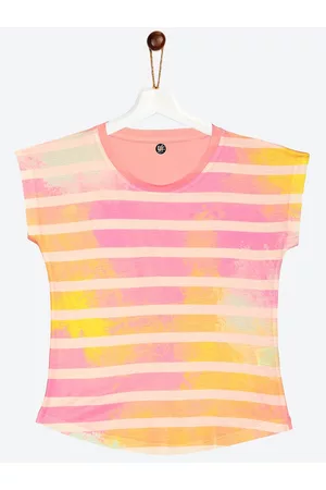 YK Girls Pink & Yellow Dyed Striped Extended Sleeves Top
