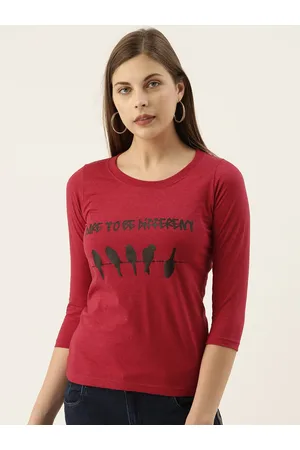 Campus Women Maroon & Black Printed Round Neck Pure Cotton T-shirt