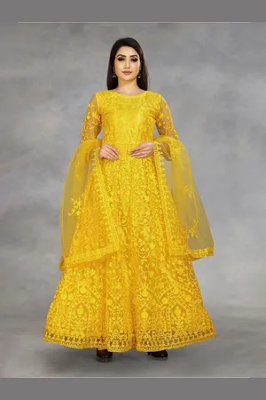 APNISHA Yellow Floral Embroidered Net Maxi Maxi Dress With Dupatta