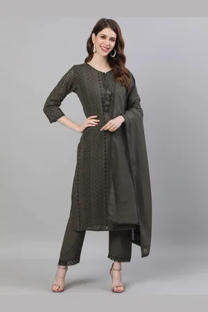 Ishin Women Olive Green Self Design Kurta with Trousers & Dupatta