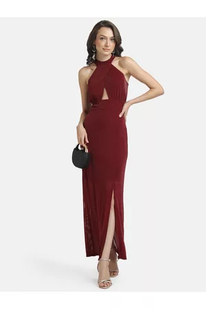 Kazo Women Maroon Solid Halter Neck Maxi Dress