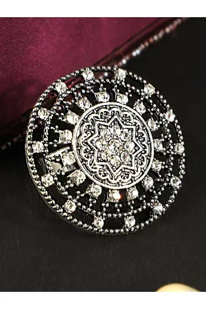 ANIKAS CREATION Oxidised Silver-Plated Silver-Toned Artificial Stone-Studded Floral Adjustable Finger Ring