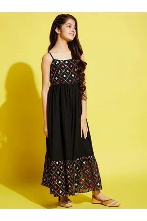 Cherry & Jerry Girls Black & Red Floral Embroidered Ethnic Maxi Dress