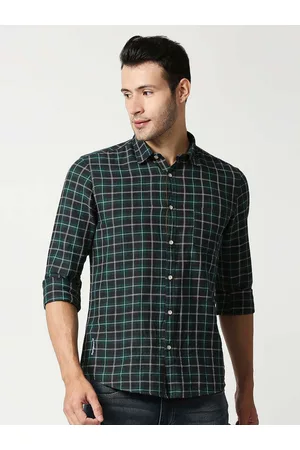 Pepe Jeans Men Green Tartan Checked Cotton Linen Casual Shirt