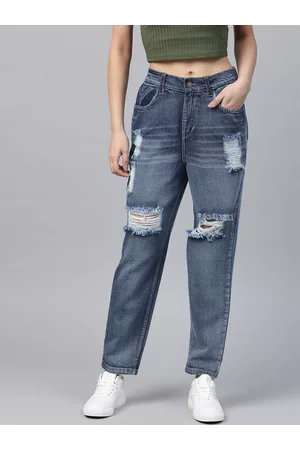 Sassafras Women Blue Pure Cotton Comfort Fit High-Waist Highly Distressed Jeans
