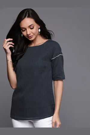 Fabindia Navy Blue & Off White Pure Cotton Striped Drop-Shoulder Sleeves Regular Top