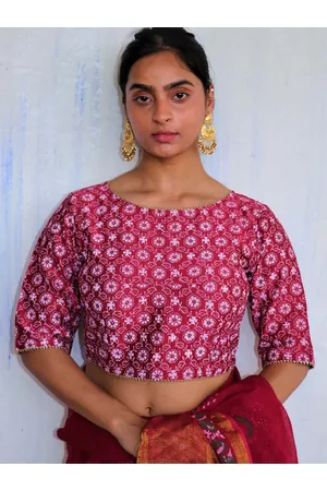 Chidiyaa Women Red & White Printed Chanderi Saree Blouse