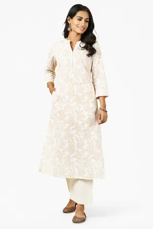 Fabindia Women White & Beige Hand Block Printed Pure Cotton Straight Kurta