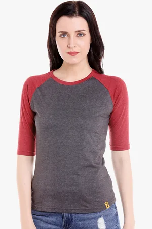 Campus Women Maroon & Charcoal Grey Colourblocked Pure Cotton Top