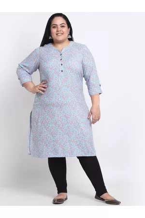 Pluss Plus Size Mandarin Collar Floral Printed Straight Regular Kurta