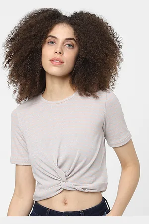 ONLY Women Orange & Grey Striped Round Neck T-shirt