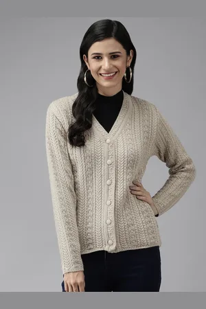 Cayman Women Beige Solid Woolen Cardigan