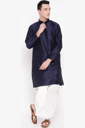 Mag Men Navy Blue & White Self Design Kurta with Dhoti Pants