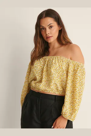 NA-KD Yellow & Brown Floral Print Off-Shoulder Blouson Top