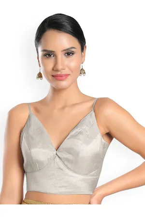 SALWAR STUDIO Women Silver Woven Design Readymade Saree Blouse